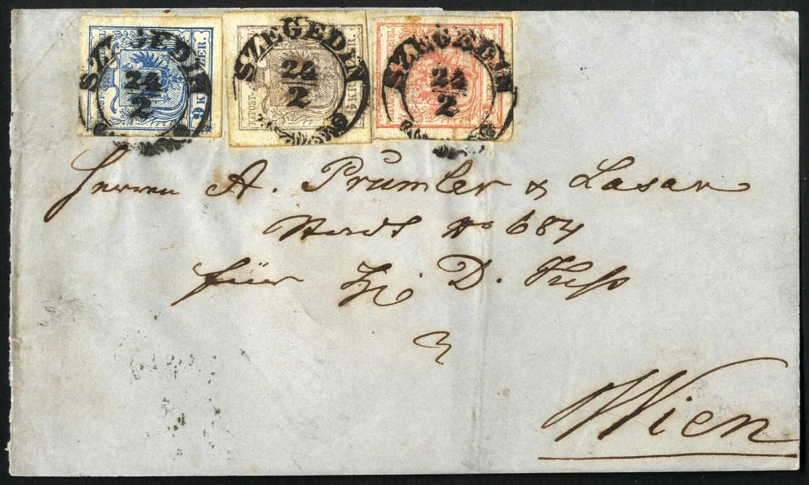 1850-es osztrák könyvnyomatos bélyegek SZEGEDIN (ma Szeged) bélyegzéssel