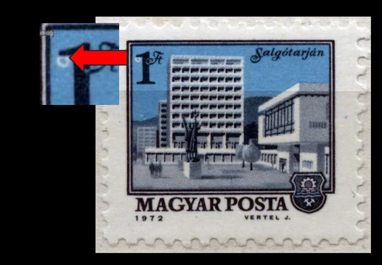 1972 Landscapes and Towns 1 Ft – foreign-body printing flaw beside the denomination